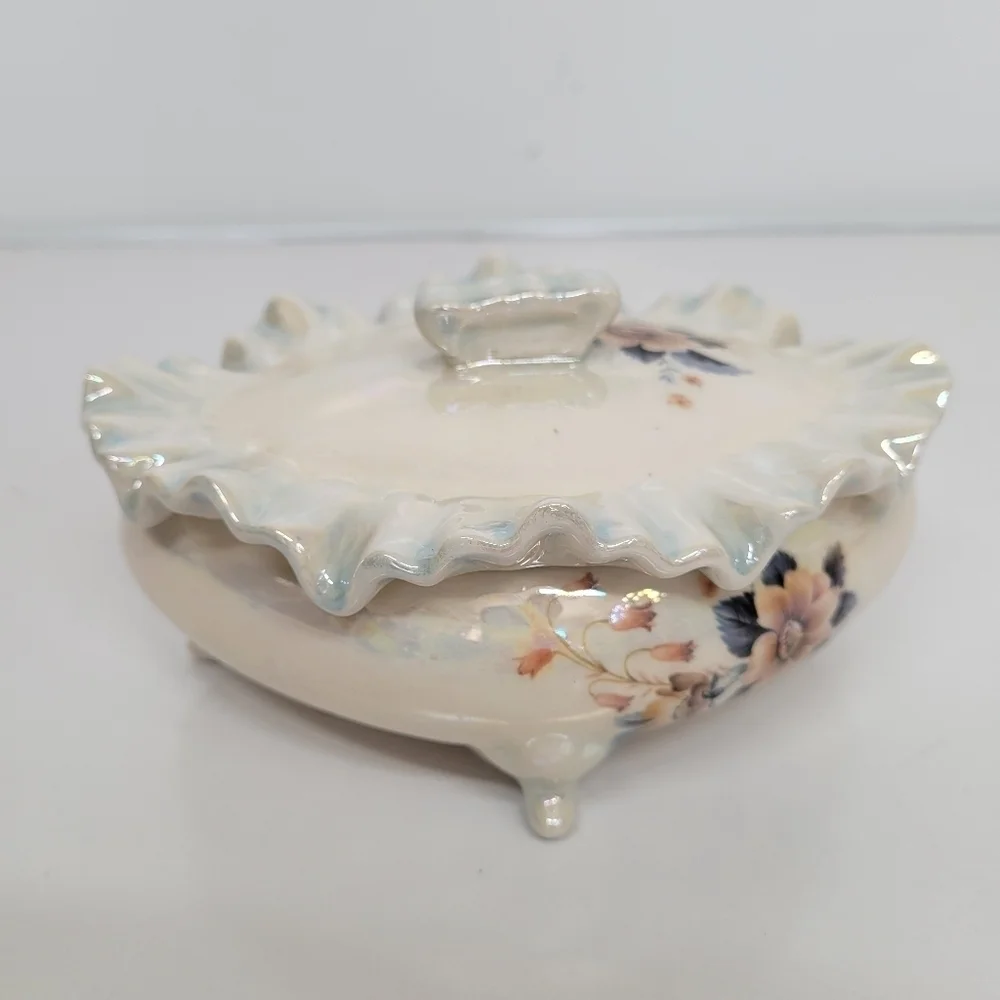 Vintage Porcelain Luster Jewelry Trinket Box Floral Victorian Floral Cottagecore